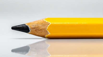 Obraz premium Close-up of Sharpened Yellow Pencil with Reflection: Symbol of Education, Creativity, and Writing on a Clean Surface