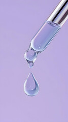 A macro shot of a cosmetic dropper with a shimmering purple serum drop. This clinical, magical image highlights hydration, texture, and efficacy.