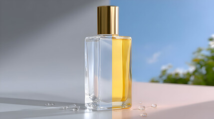 A perfume bottle with golden liquid sits on a split surface under a blue sky. Strong shadows create a modern, luxurious feel for a summer fragrance.