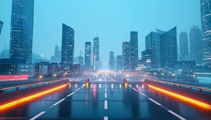 A vibrant futuristic city skyline seen through a modern tunnel features a glowing highway road, creating a dynamic abstract motion flow. - Powered by Adobe
