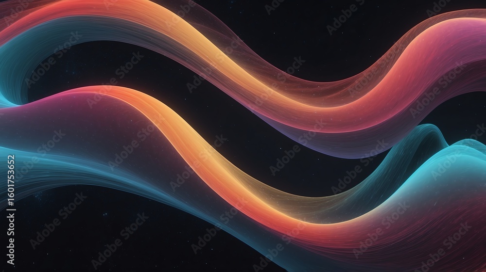 Poster abstract colorful wavy lines glowing with light on a dark background