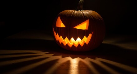 Illuminated carved pumpkin with menacing grin casts eerie shadows on dark surface