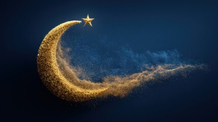 Golden crescent moon with star, abstract design