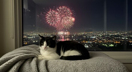Black and white cat rests on windowsill, enjoying fireworks display over city