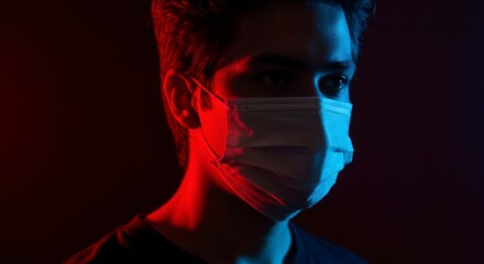 Close-up of a person wearing a protective face mask, illuminated by vibrant red and blue light