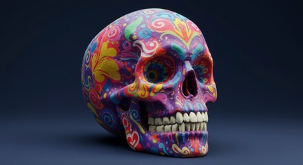 Vibrant, ornate skull, decorated with colorful floral patterns