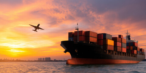 cargo ship loaded with containers sails at sunset while a plane flies overhead near the coast.