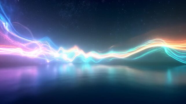 Abstract glowing light waves in vibrant colors flow across a dark reflective surface, forming a dynamic motion background.