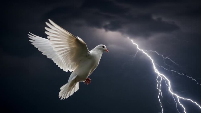 A white bird flies against a stormy sky illuminated by lightning. The dove's spread wings symbolize freedom and hope
