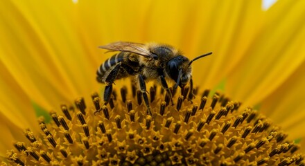 A bee collects pollen from a vibrant sunflower, its fuzzy body dusted with golden grains