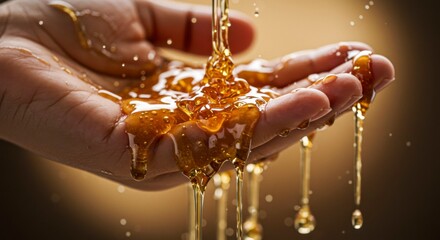 Amber liquid pours onto a hand, glistening and dripping, showcasing its viscous texture and rich color