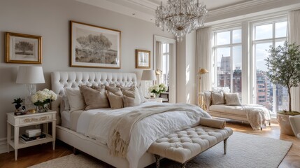 Luxury bedroom design with classic herringbone wood floor, arched windows touching the floor, light walls, and elegant French doors. 