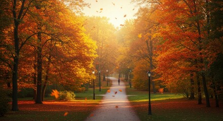A park path through trees with vibrant fall foliage, sunlight shining through the branches, and falling leaves