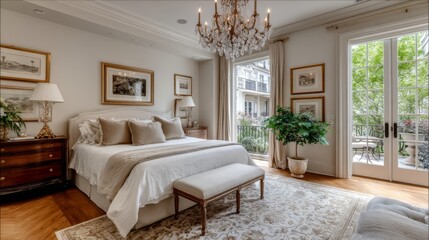 Serene bedroom with floor-level arched windows, patterned wooden floor, chandelier, and a bright, soft-toned interior with sliding doors.