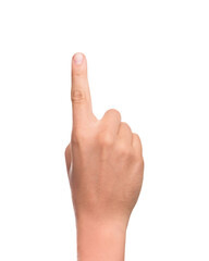 Obraz premium Hand pointing up with index finger, Ideal for concepts of touch, selection, and pressing. Right hand, close up view, showing gesture