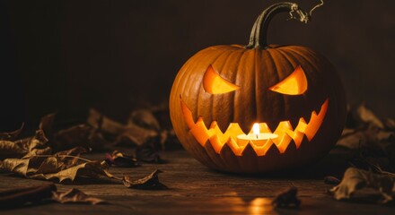 Glowing jack-o'-lantern sits on wooden surface, surrounded by autumn leaves, creating a spooky Halloween scene
