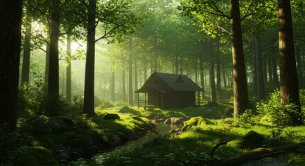 Sunlit cabin nestled in a lush, misty forest, near a small creek