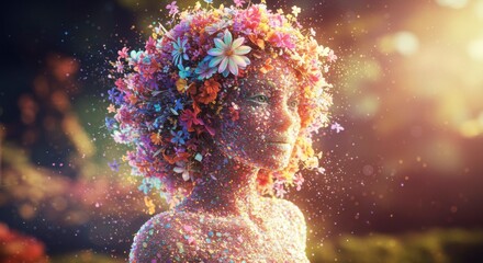 A youthful figure, adorned with blossoms and vibrant dust, embodies the beauty of spring