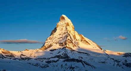 Majestic mountain peak bathed in golden sunrise light