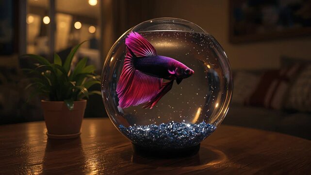 betta fish with flowing fins in a striking color combination of magenta, deep purple, and black, gracefully swimming inside a clear glass orb