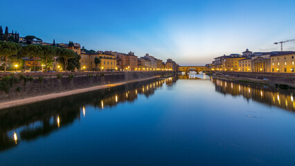 River Arno and famous bridge Ponte Vecchio day to night timelapse after sunset in Florence, Tuscany, Italy
