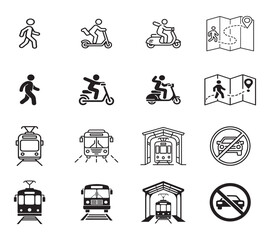 Set of Public Transport Icons . Symbols of commuter and city travel for public transit, eco-friendly mobility, and navigation in outline style: tram, walking, bus, train, map, bicycle, station