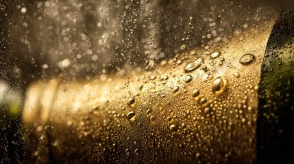 Champagne bottle detail, water droplets and bubbles