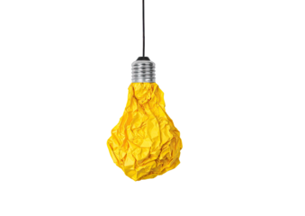 A crumpled yellow lightbulb hangs from a dark background