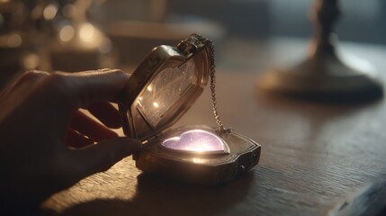 Heart-shaped locket, hand holding, interior glow