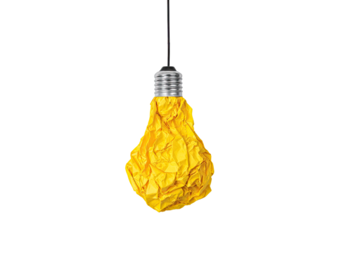 A crumpled yellow lightbulb hangs from a dark background
