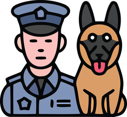 Police Officer with K9 Unit Dog Partner Standing Guard in Uniform and Badge