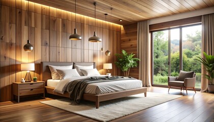 Modern bedroom with wooden accents and view