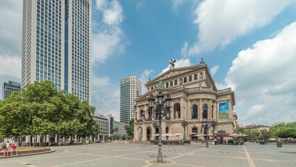 Hyperlapse of the Alte Oper or Old Opera house in Frankfurt, a concert hall in Opernplatz. Germany