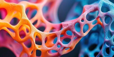A close-up of a complex, colorful 3D-printed lattice structure forming an organic shape