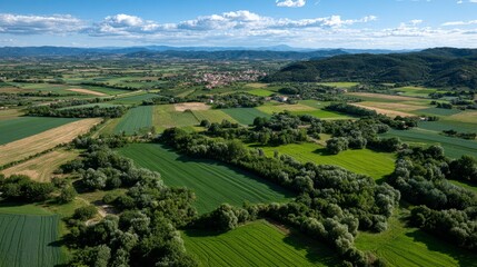 Fototapeta premium Three dirt roads meet over vast farmland, golden light and long shadows create a striking scene of agricultural beauty and forward movement. 