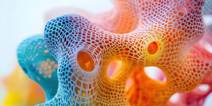A close-up of a complex, colorful 3D-printed lattice structure forming an organic shape