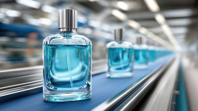 Blue perfume bottles on a conveyor belt, in a factory setting, ready for packaging, mass production of fragrance.