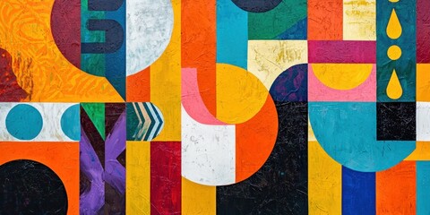 A colorful abstract artwork featuring bold, geometric, and organic patterns