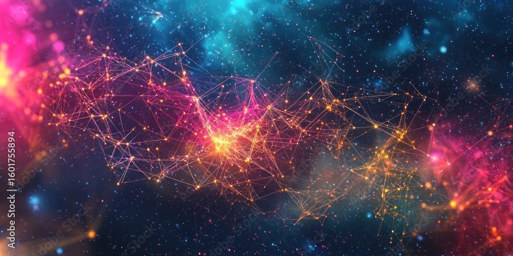 Poster a colorful, interconnected web of ideas floating against a cosmic backdrop