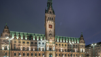 Building of the Hamburg City Hall day to night timelapse hyperlapse, the seat of the government of...