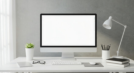 Modern workspace with desktop computer and office accessories on table. Front-facing monitor screen isolated. Creative and minimal desk setup background.