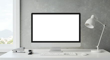Modern workspace with desktop computer and office accessories on table. Front-facing monitor screen isolated. Creative and minimal desk setup background.