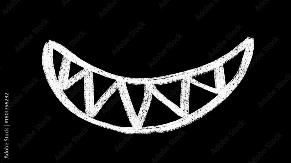 Poster hand drawn line art scribble evil grin teeth loop animation video on a black background