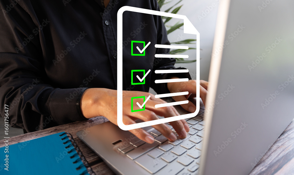 Aufkleber businesswoman working on her computer and a virtual icon of a to-do list with a check mark