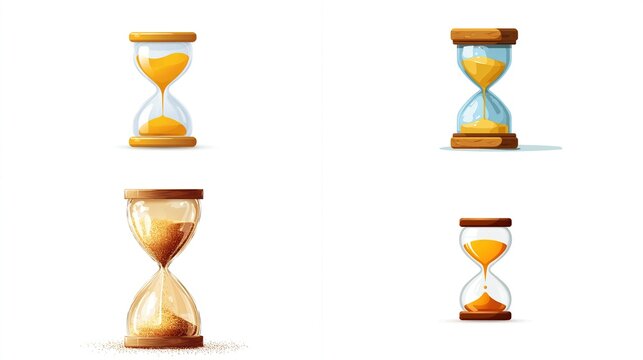 Four stylized hourglasses, varying colors and positions, on white background