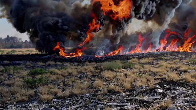 slow motion 4K video fire engulfing dry grassy fields flames rise devour vegetation portraying destructive impact war environmental devastation emotional