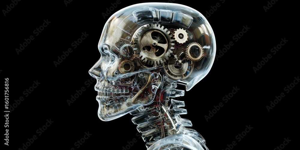 Poster a concept image of a robotic human with exposed gears inside a transparent skull