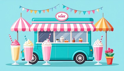 Retro food truck, colorful drinks, festive