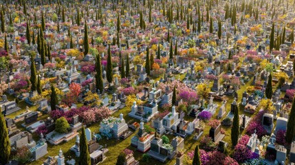 Fototapeta premium A Serene Cemetery: A Tapestry of Blossoms and Remembrance