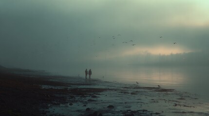 Fototapeta premium Misty Morning Stroll by the Lake